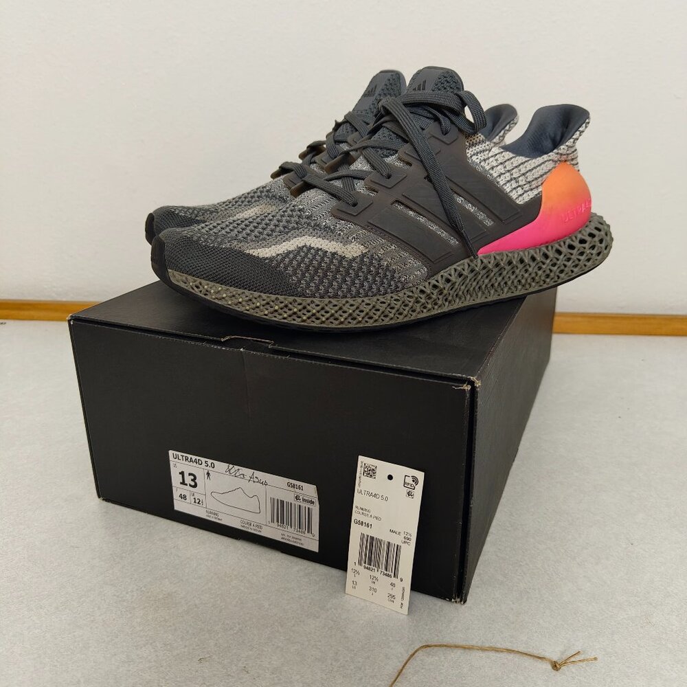 Size 13 - Adidas Ultra 4D 5.0 G58161 Running Shoes Men's Grey/Pink Gradient Knit